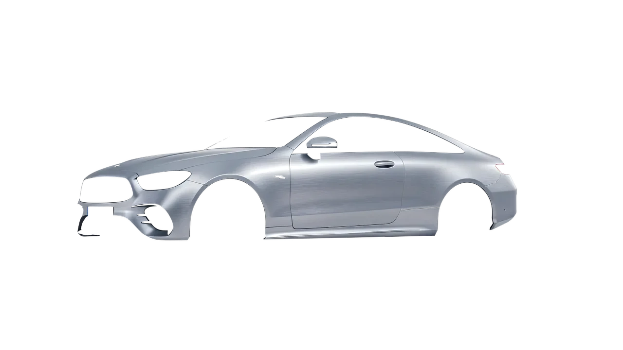 Mercedes-Benz E53 AMG Coupe 2021 wrapped in Brushed Aluminum (Avery Dennison SW900-812-X), front three-quarter view