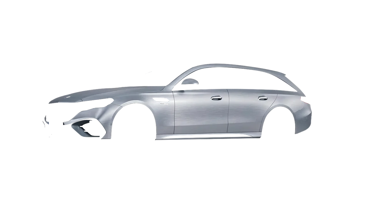 Mercedes-Benz E53 AMG Hybrid Estate 2024 wrapped in Brushed Aluminum (Avery Dennison SW900-812-X), front three-quarter view
