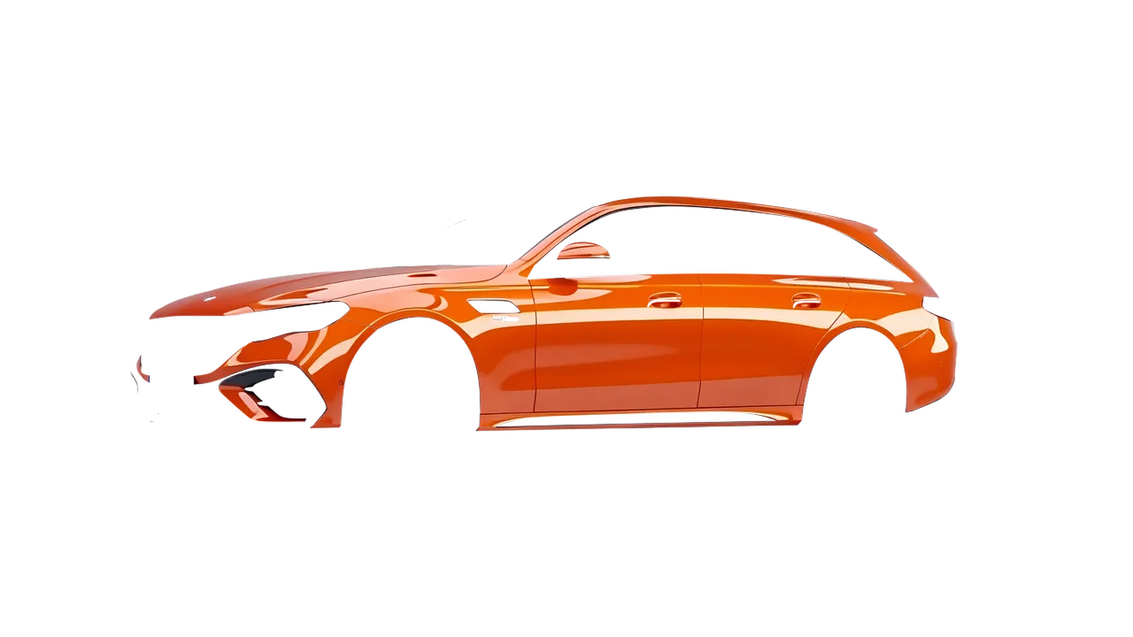 Mercedes-Benz E53 AMG Hybrid Estate 2024 wrapped in Fiery Orange (3M G364), front three-quarter view