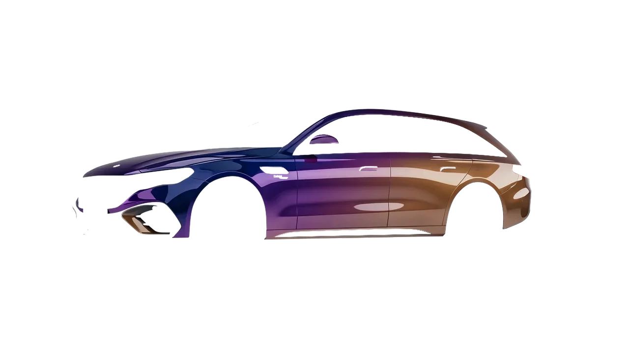 Mercedes-Benz E53 AMG Hybrid Estate 2024 wrapped in Gloss Flip Deep Space (3M GP278), front three-quarter view