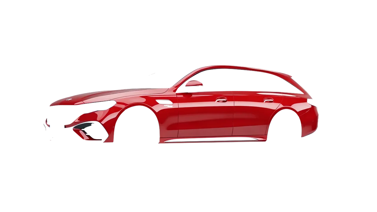 Mercedes-Benz E53 AMG Hybrid Estate 2024 wrapped in Hot Rod Red (3M G13), front three-quarter view