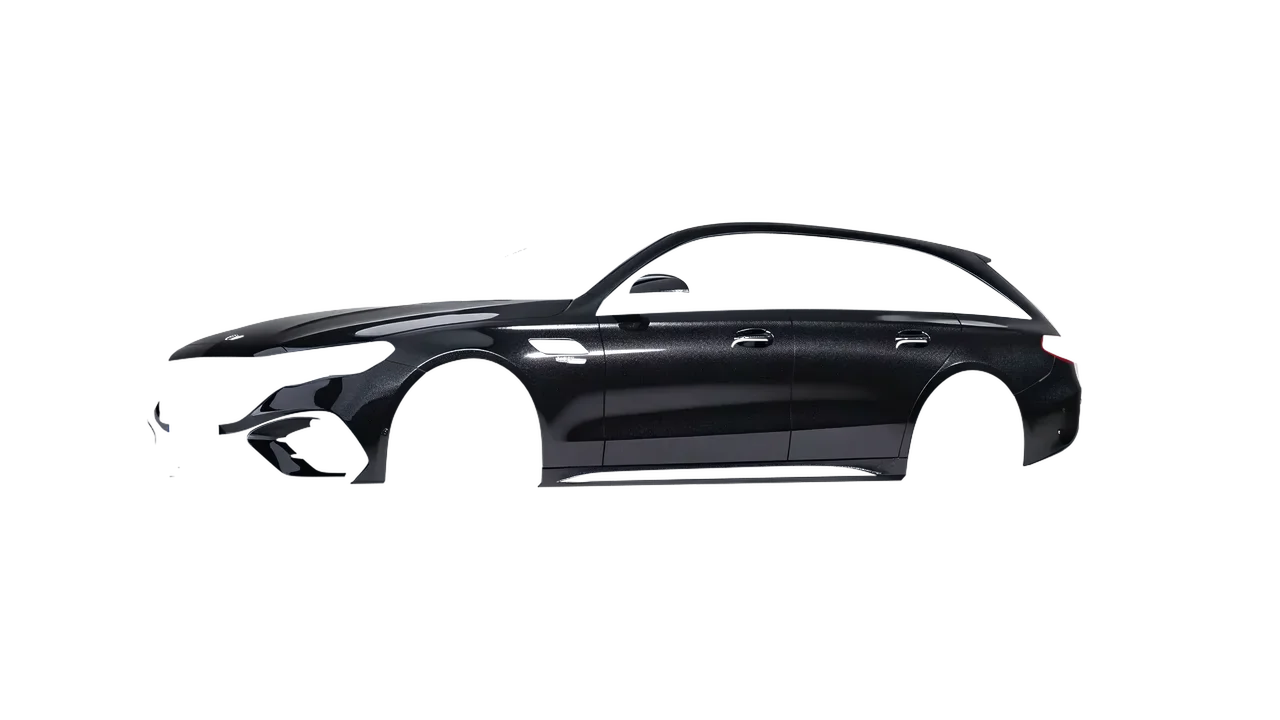 Mercedes-Benz E53 AMG Hybrid Estate 2024 wrapped in Mystery Black (Avery Dennison SW900-184-M), front three-quarter view