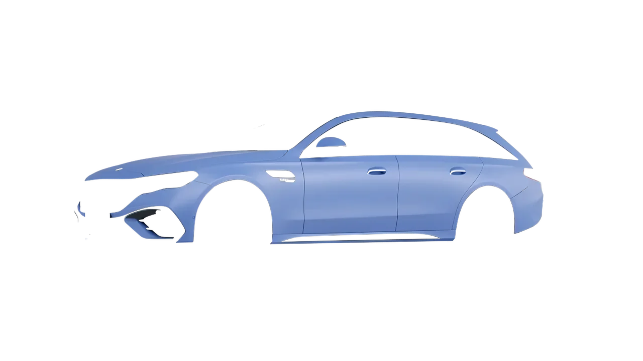 Mercedes-Benz E53 AMG Hybrid Estate 2024 wrapped in Dreamline Blue (Avery Dennison SW900-616-O), front three-quarter view