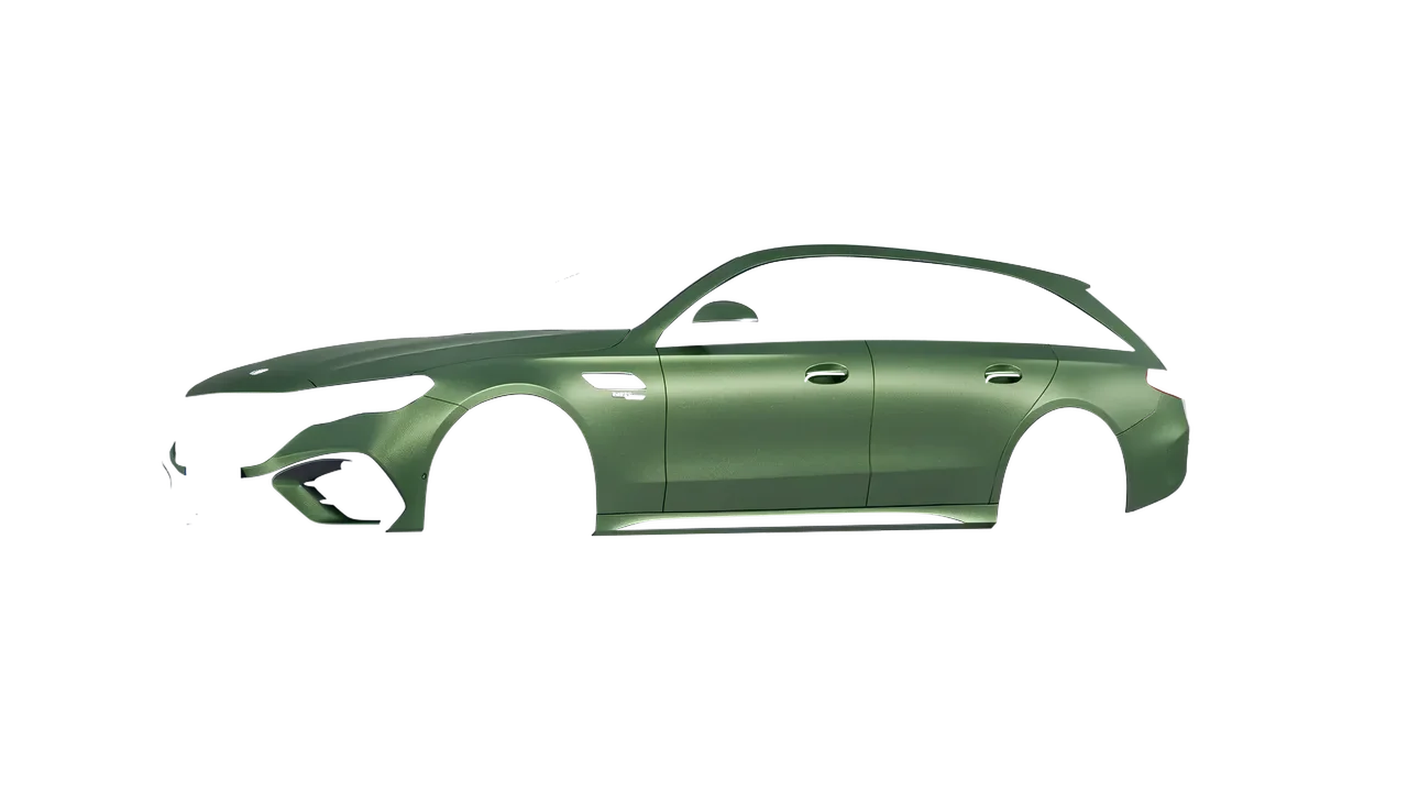 Mercedes-Benz E53 AMG Hybrid Estate 2024 wrapped in Apple Green (Avery Dennison SW900-745-M), front three-quarter view