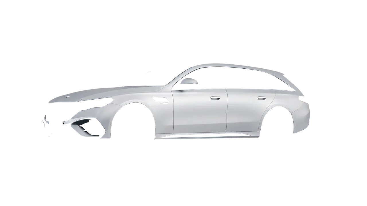 Mercedes-Benz E53 AMG Hybrid Estate 2024 wrapped in Matte Silver (3M M21), front three-quarter view