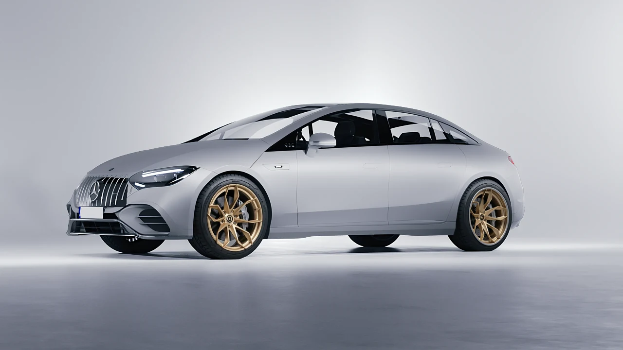 Mercedes-Benz EQE 53 AMG 2023 on HRE Performance Wheels S201H forged wheels, front three-quarter view