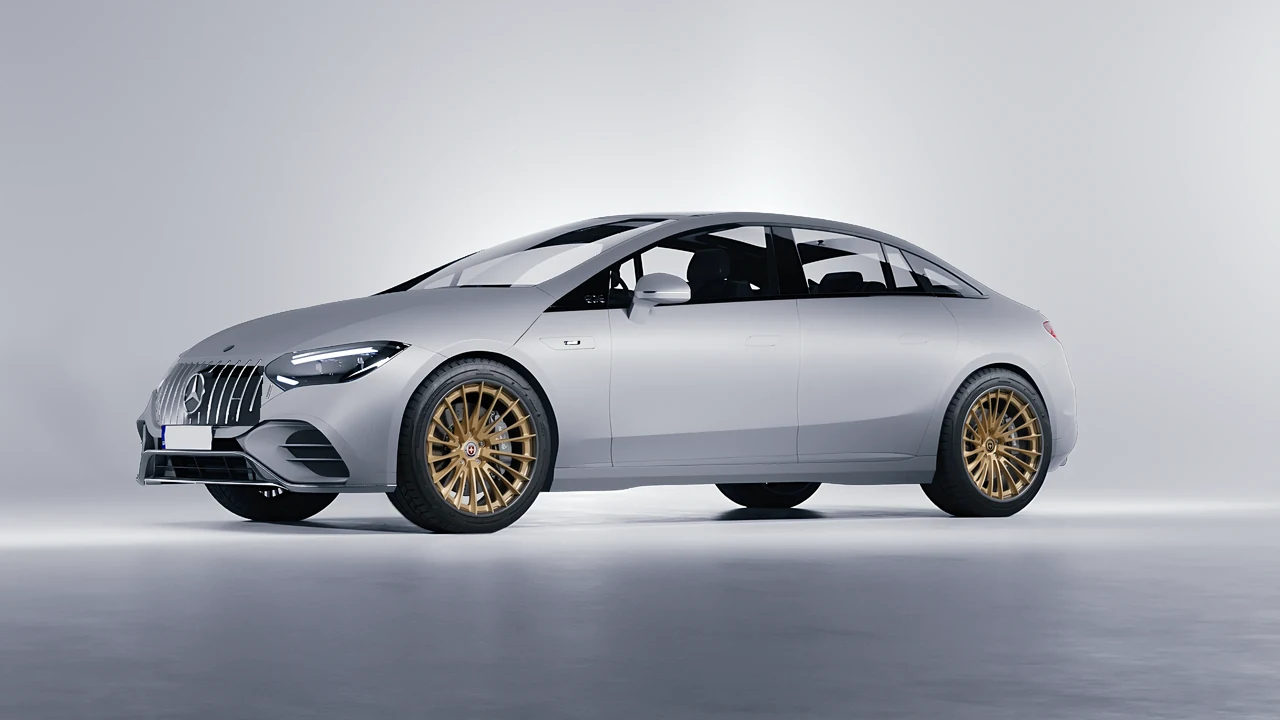 Mercedes-Benz EQE 53 AMG 2023 on HRE Performance Wheels S209H forged wheels, front three-quarter view