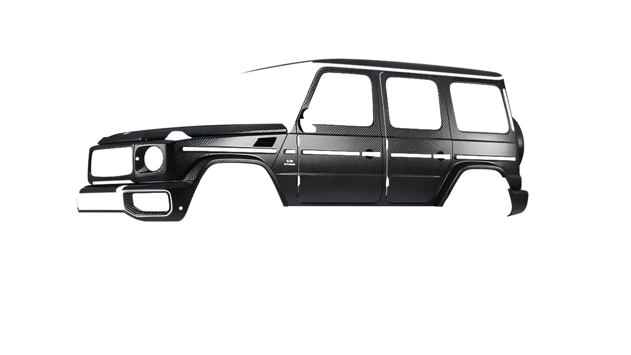 Mercedes-Benz G Class AMG 2025 wrapped in Black Gloss Carbon Fibre Vehicle Wrapping System (KPMF K87021), front three-quarter view