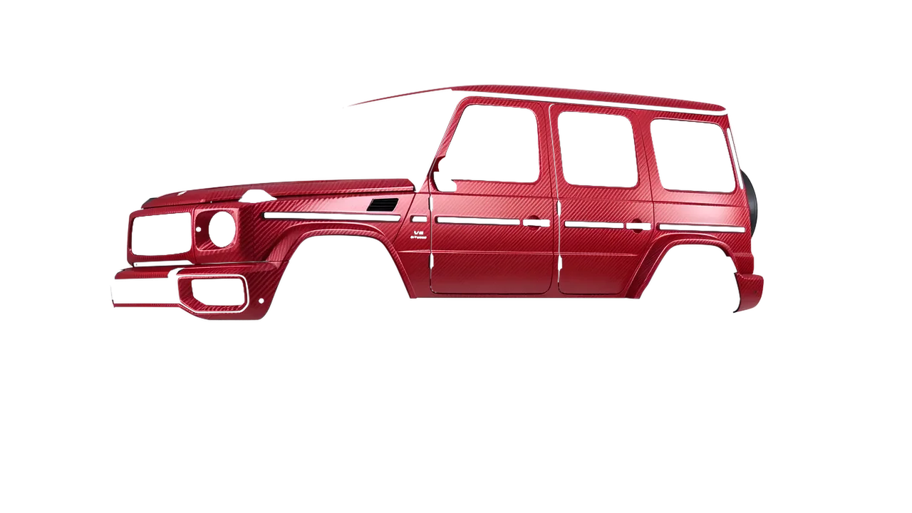 Mercedes-Benz G Class AMG 2025 wrapped in Geranium Red Carbon (ORACAL 975-305CA), front three-quarter view