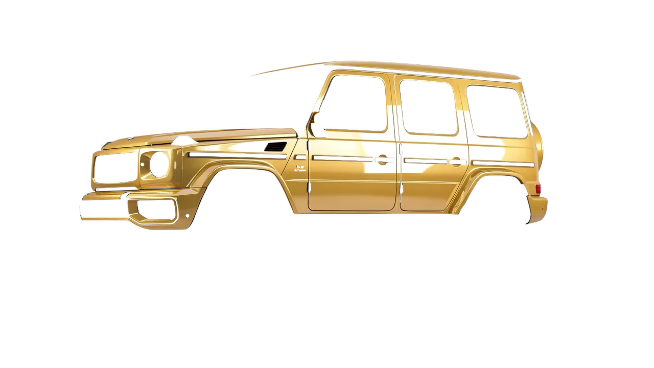 Mercedes-Benz G Class AMG 2025 wrapped in Divine Gold Gloss (ORACAL 970RA-995G), front three-quarter view