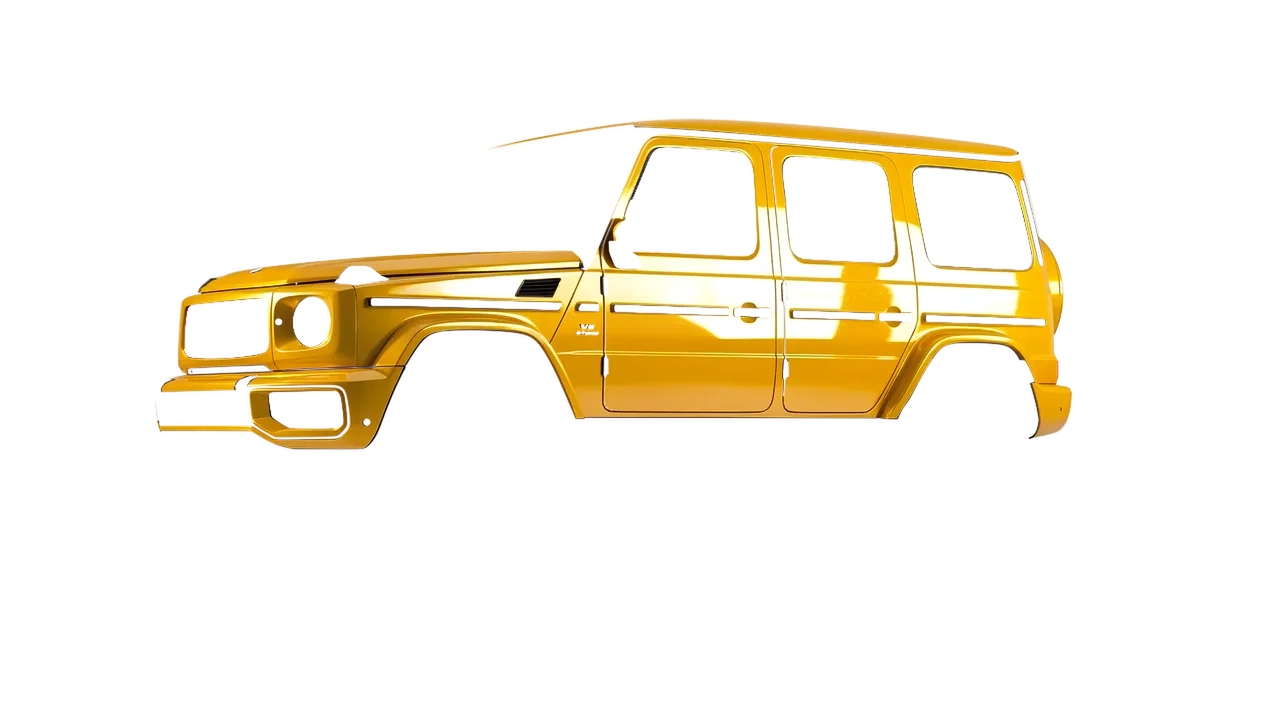 Mercedes-Benz G Class AMG 2025 wrapped in Golden Yellow Gloss (ORACAL 970RA-020G), front three-quarter view