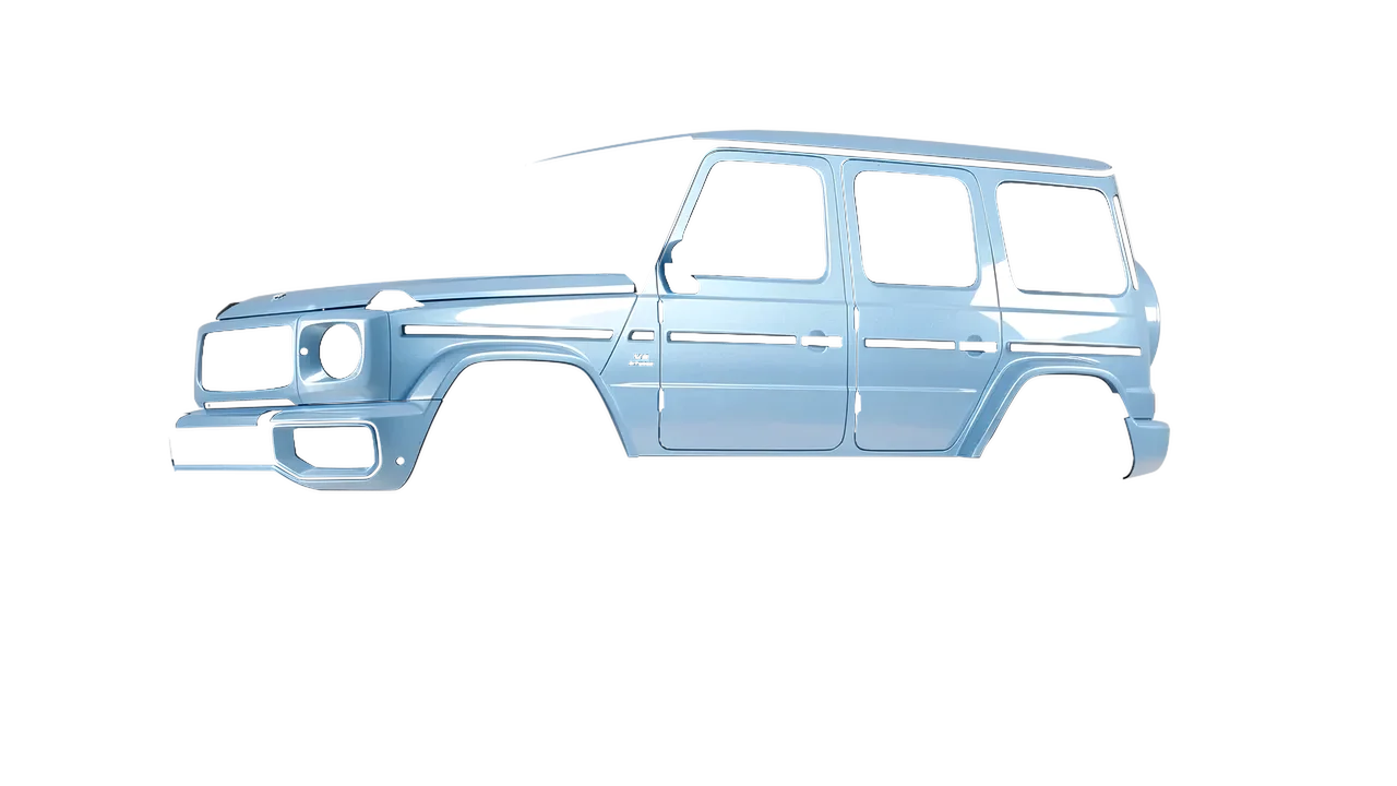 Mercedes-Benz G Class AMG 2025 wrapped in Dove Blue Gloss (ORACAL 970RA-195G), front three-quarter view