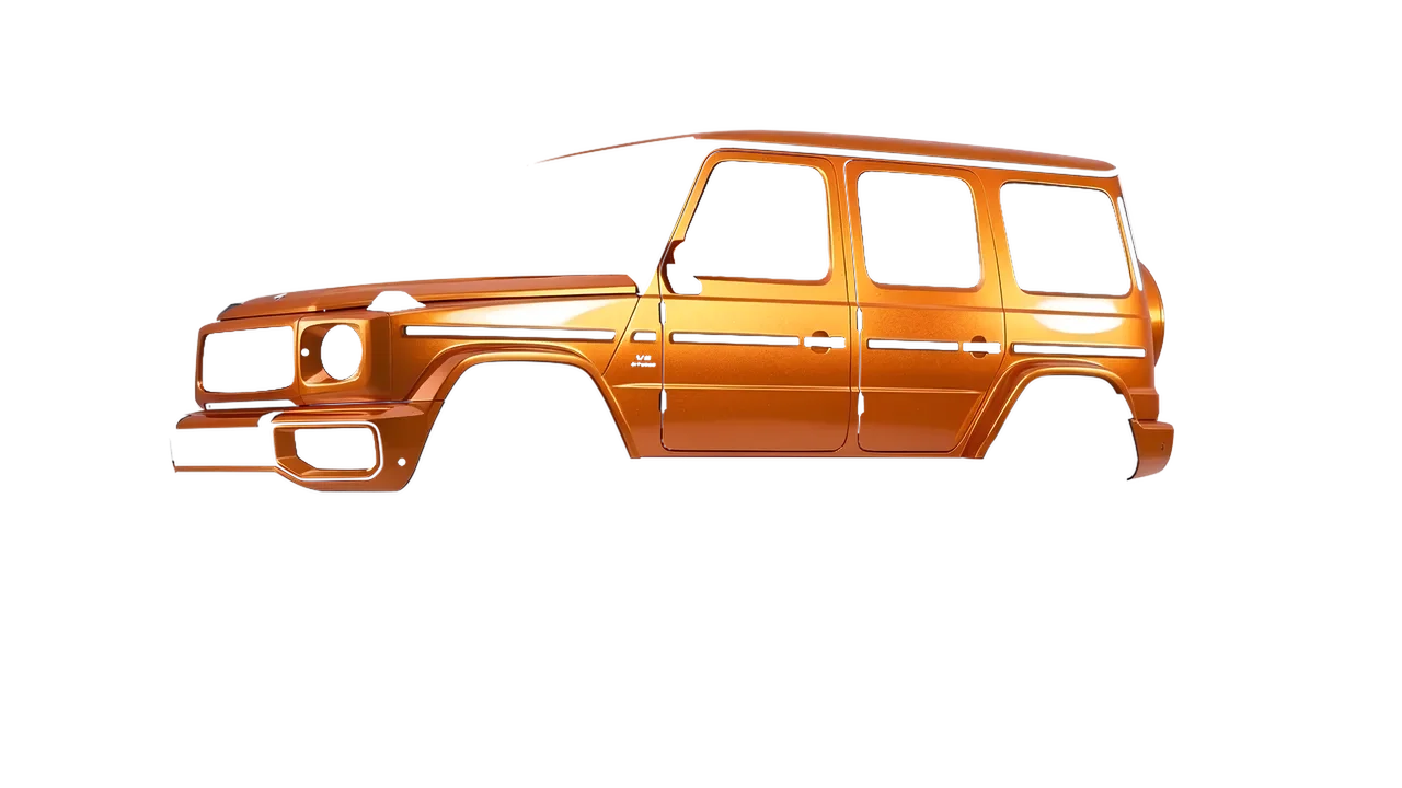 Mercedes-Benz G Class AMG 2025 wrapped in Mandarin Gloss (ORACAL 970RA-300G), front three-quarter view