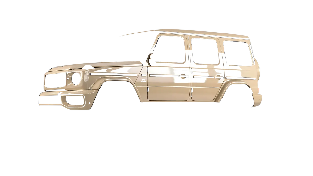 Mercedes-Benz G Class AMG 2025 wrapped in Taxibeige Gloss (ORACAL 970RA-809G), front three-quarter view