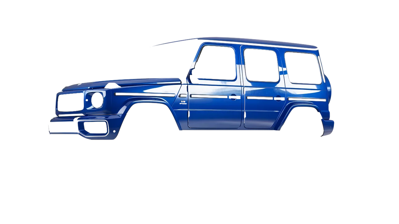 Mercedes-Benz G Class AMG 2025 wrapped in Traffic Blue Gloss (ORACAL 970RA-057G), front three-quarter view
