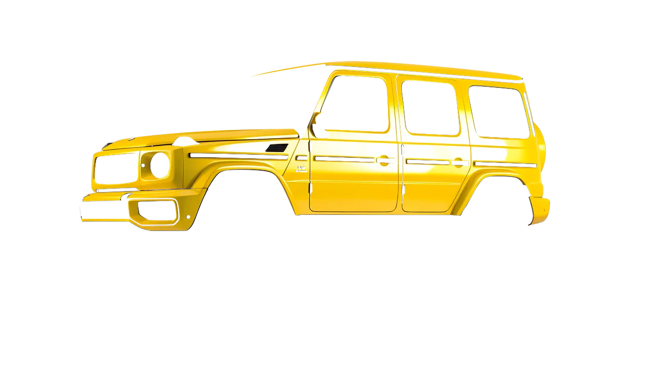 Mercedes-Benz G Class AMG 2025 wrapped in Traffic Yellow Gloss (ORACAL 970RA-216G), front three-quarter view
