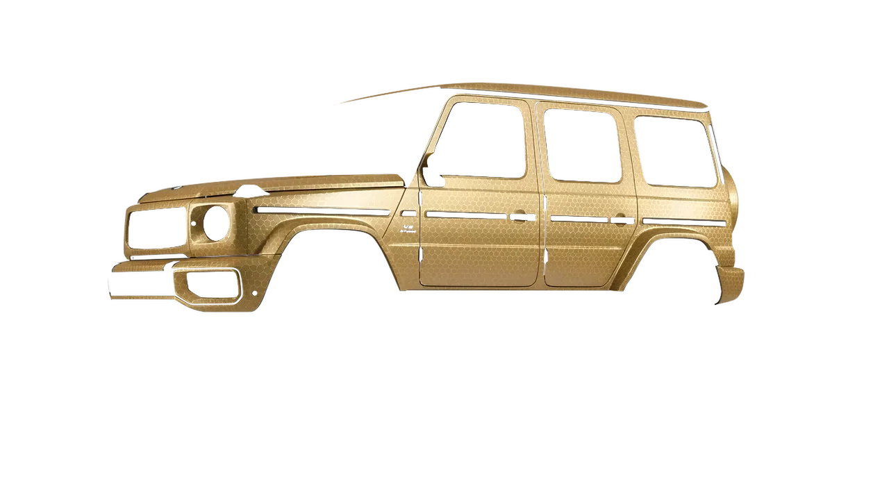Mercedes-Benz G Class AMG 2025 wrapped in Gold Honeycomb (ORACAL 975-091HC), front three-quarter view