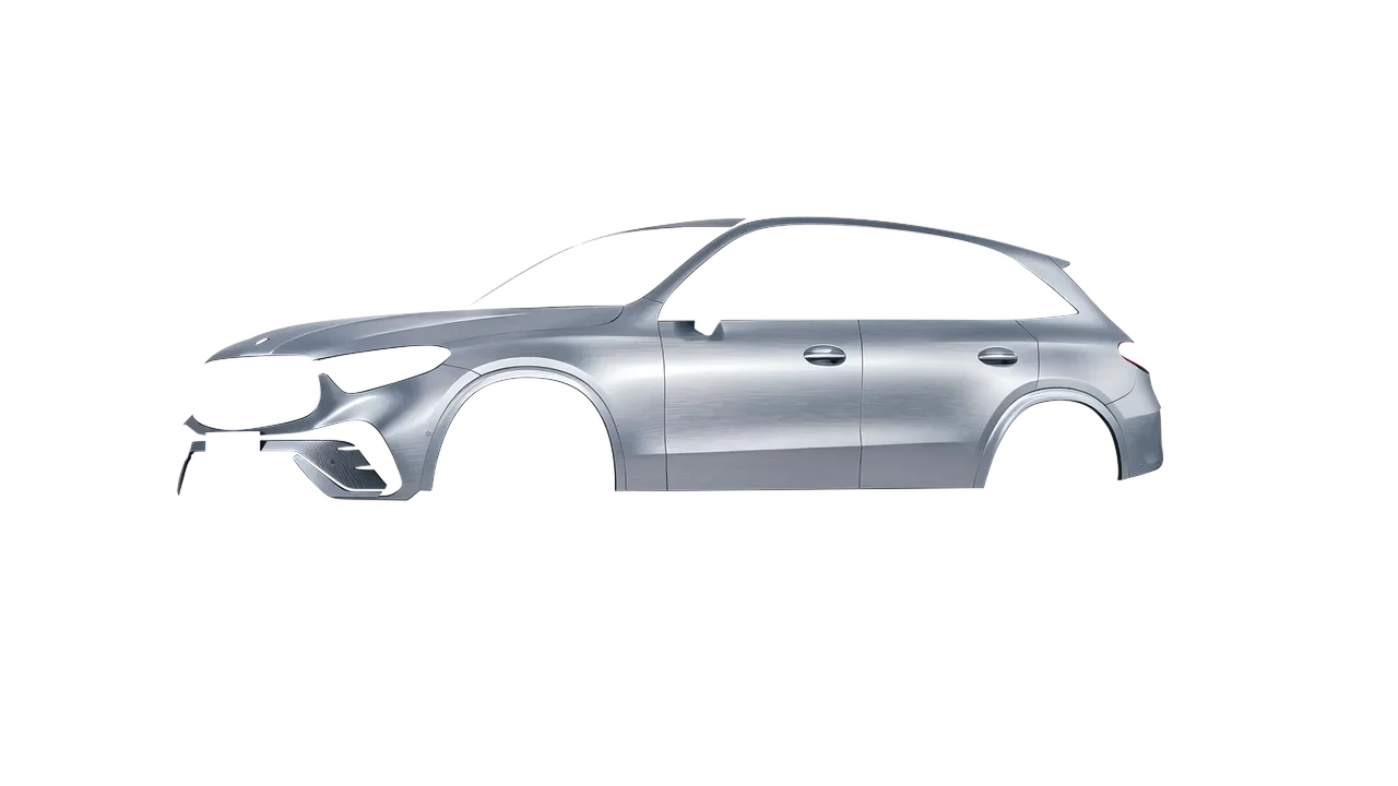 Mercedes-Benz GLC AMG Line 2023 wrapped in Brushed Aluminum (Avery Dennison SW900-812-X), front three-quarter view