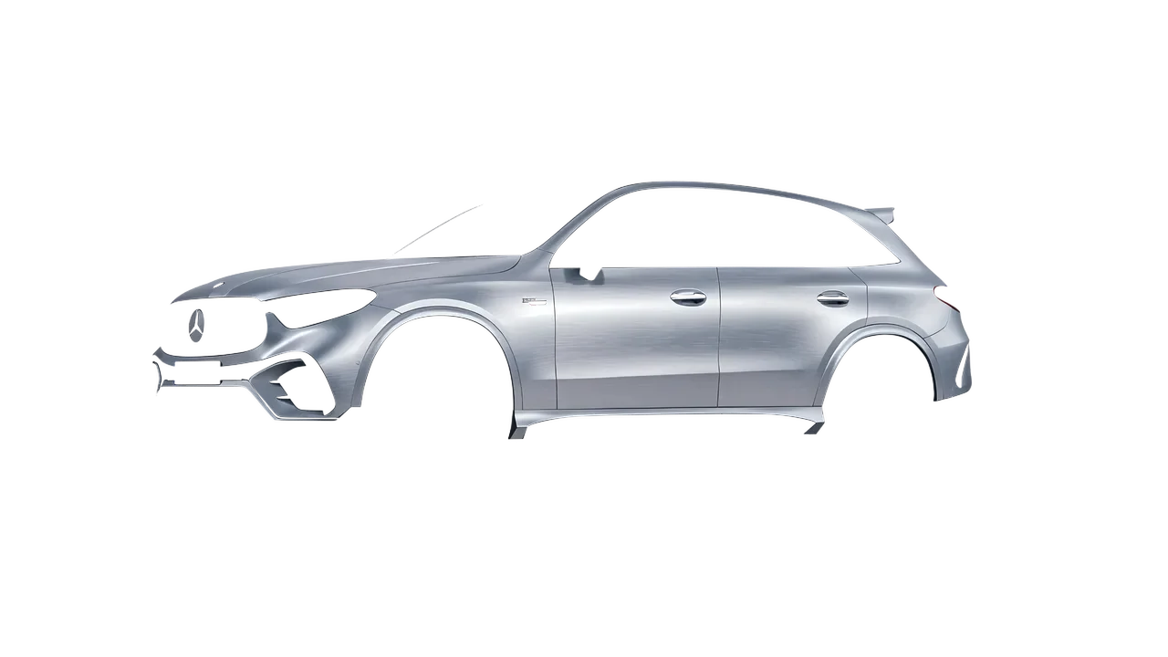 Mercedes-Benz Glc63 S AMG E Performance 2023 wrapped in Brushed Aluminum (Avery Dennison SW900-812-X), front three-quarter view