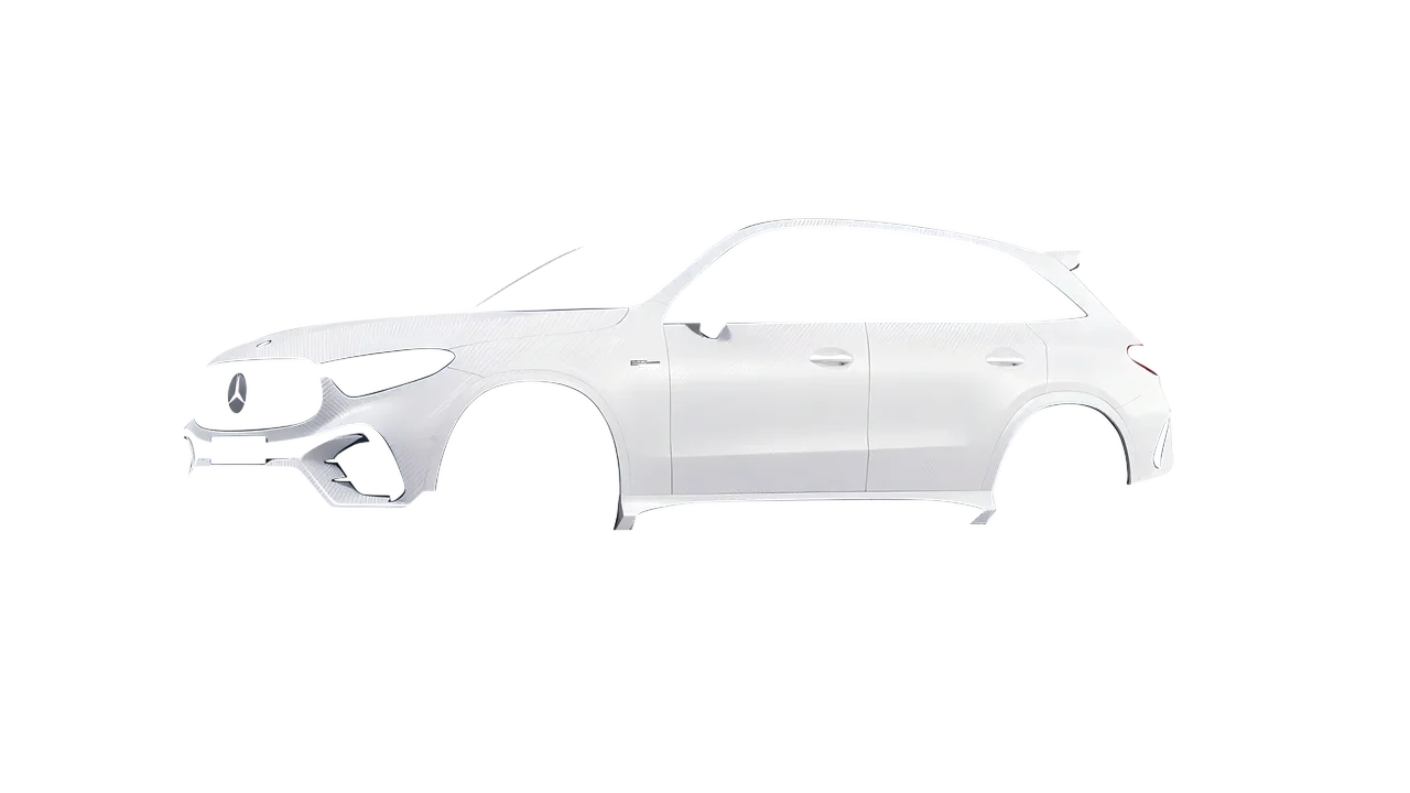 Mercedes-Benz Glc63 S AMG E Performance 2023 wrapped in Carbon Fiber White (Avery Dennison SW900-115-X), front three-quarter view