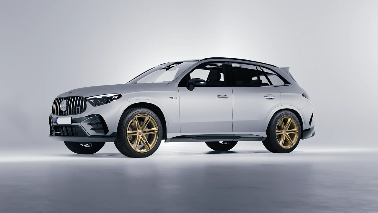 Mercedes-Benz Glc63 S AMG E Performance 2023 on HRE Performance Wheels S267H forged wheels, front three-quarter view