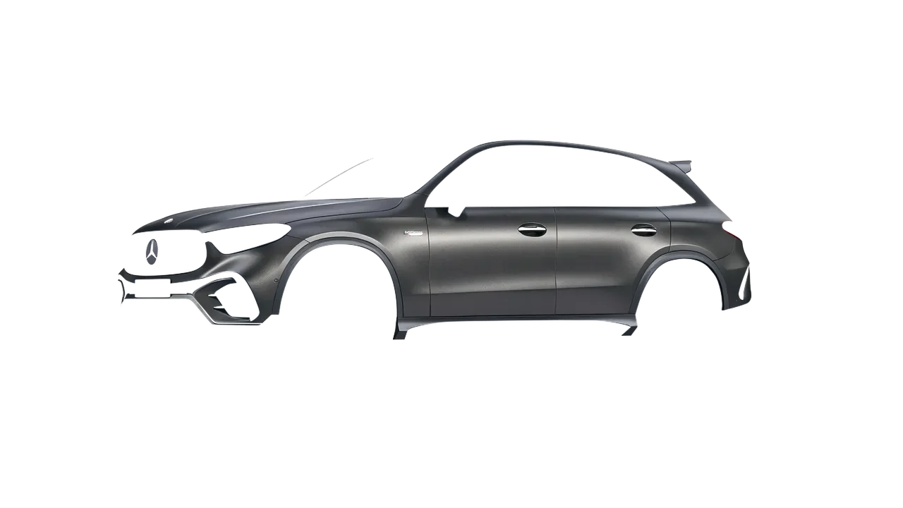 Mercedes-Benz Glc63 S AMG E Performance 2023 wrapped in Black Rock Grey (Avery Dennison SW900-823-M), front three-quarter view