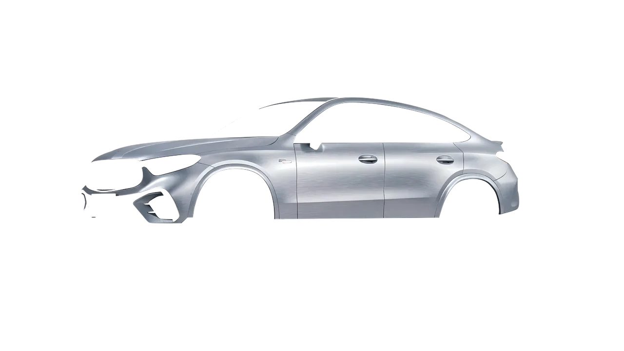 Mercedes-Benz Glc63 S AMG E Performance Coupe 2023 wrapped in Brushed Aluminum (Avery Dennison SW900-812-X), front three-quarter view