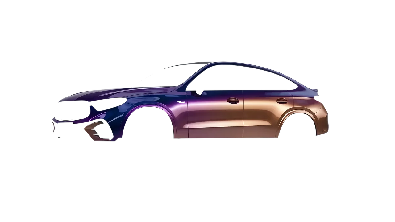 Mercedes-Benz Glc63 S AMG E Performance Coupe 2023 wrapped in Gloss Flip Deep Space (3M GP278), front three-quarter view