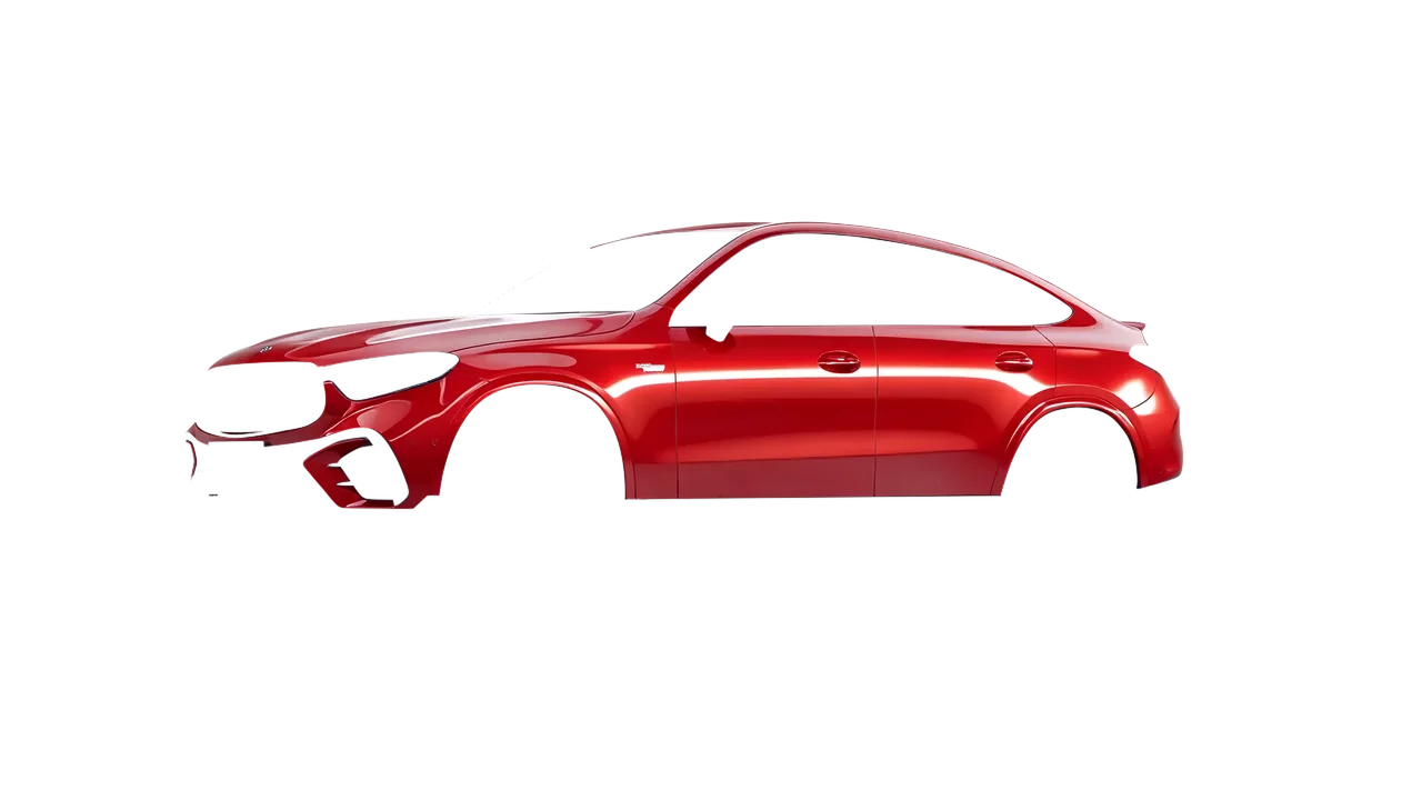 Mercedes-Benz Glc63 S AMG E Performance Coupe 2023 wrapped in Hot Rod Red (3M G13), front three-quarter view