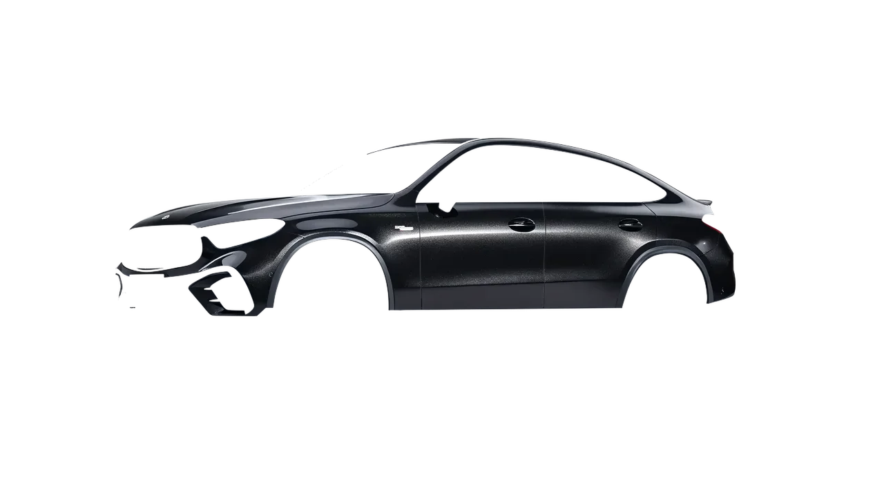 Mercedes-Benz Glc63 S AMG E Performance Coupe 2023 wrapped in Mystery Black (Avery Dennison SW900-184-M), front three-quarter view