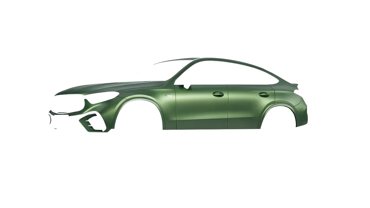Mercedes-Benz Glc63 S AMG E Performance Coupe 2023 wrapped in Apple Green (Avery Dennison SW900-745-M), front three-quarter view