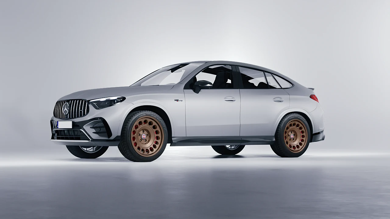 Mercedes-Benz Glc63 S AMG E Performance Coupe 2023 on HRE Performance Wheels 037-GTM forged wheels, front three-quarter view