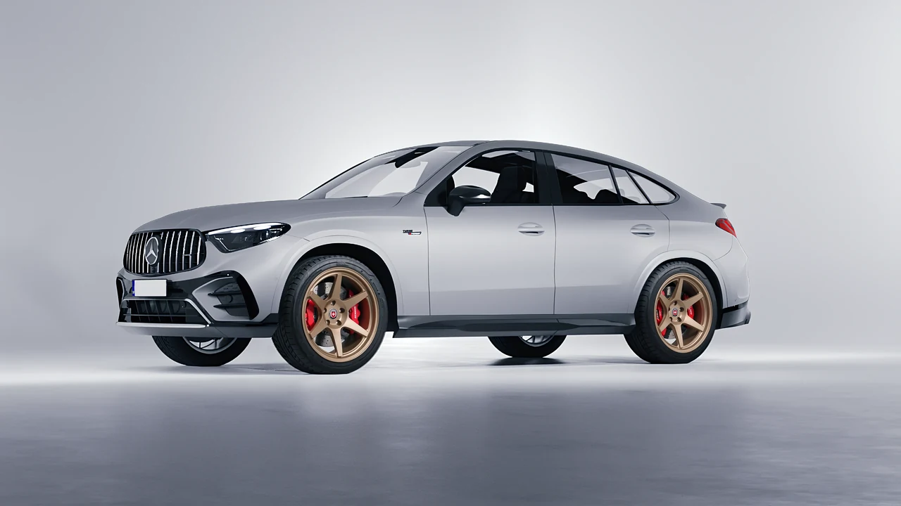 Mercedes-Benz Glc63 S AMG E Performance Coupe 2023 on HRE Performance Wheels 306-GTS forged wheels, front three-quarter view