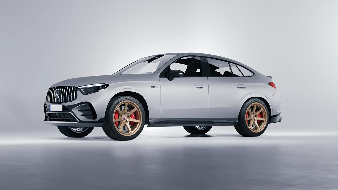 Mercedes-Benz Glc63 S AMG E Performance Coupe 2023 on HRE Performance Wheels 307-GTS forged wheels, front three-quarter view