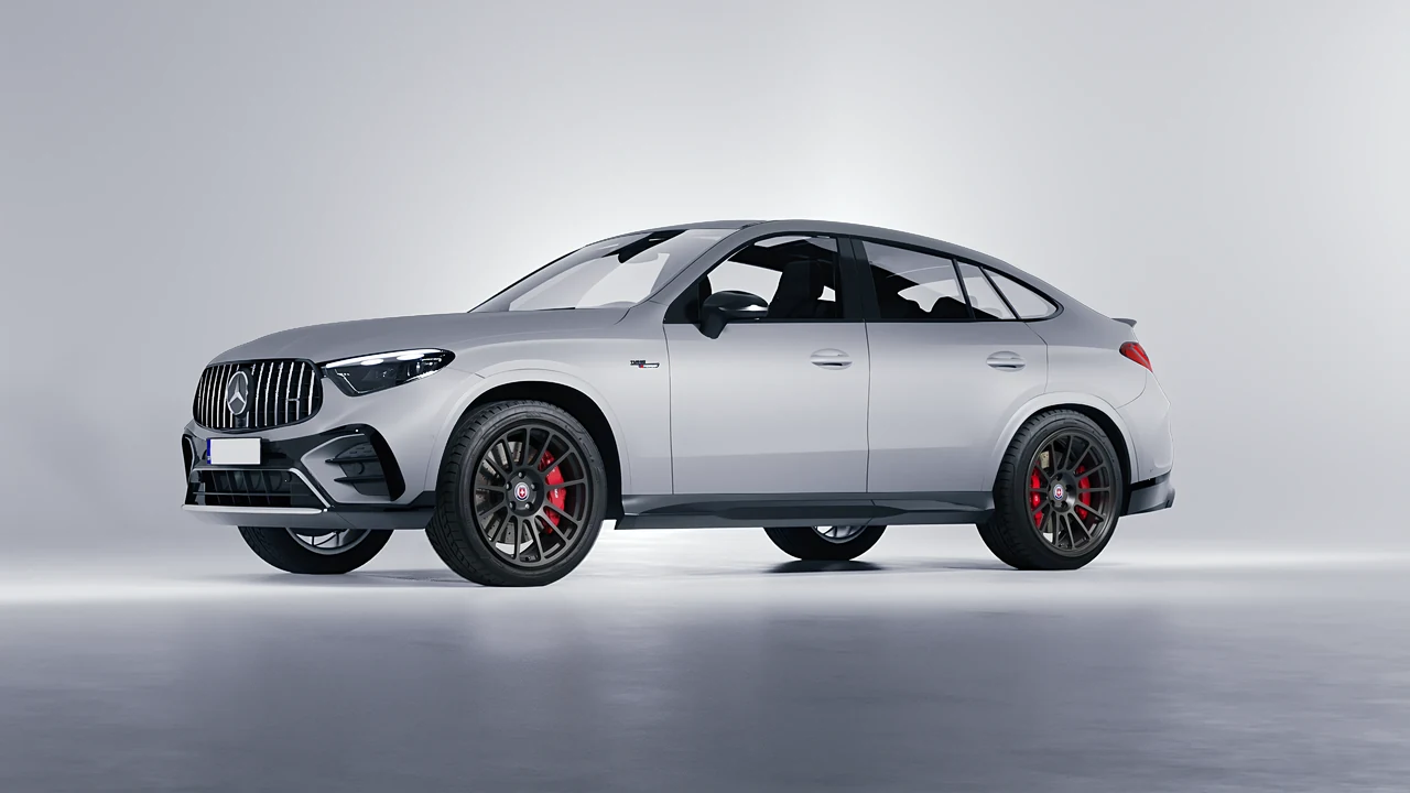 Mercedes-Benz Glc63 S AMG E Performance Coupe 2023 on HRE Performance Wheels 313-GT forged wheels, front three-quarter view