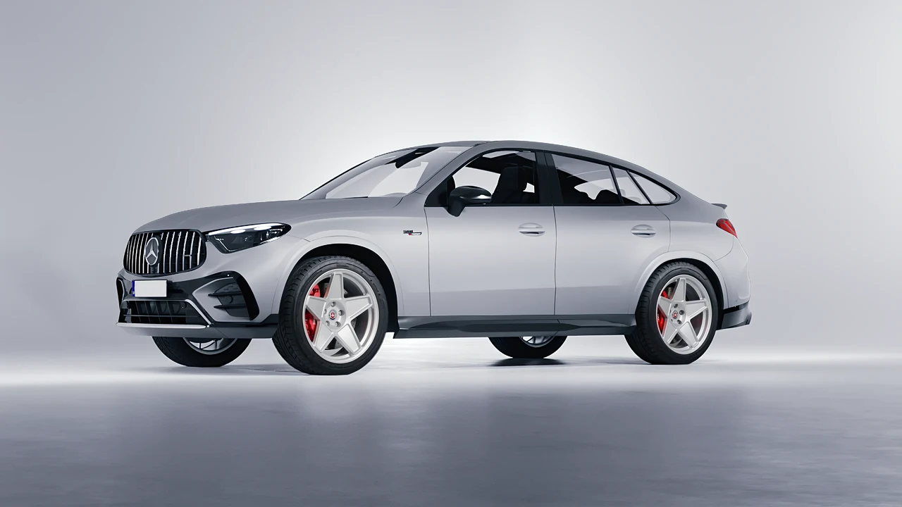 Mercedes-Benz Glc63 S AMG E Performance Coupe 2023 on HRE Performance Wheels 505M forged wheels, front three-quarter view