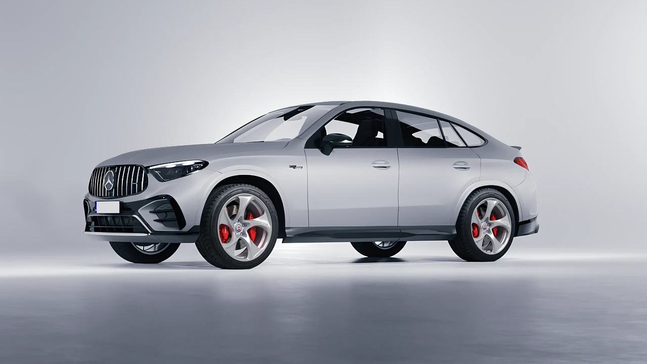 Mercedes-Benz Glc63 S AMG E Performance Coupe 2023 on HRE Performance Wheels 522M forged wheels, front three-quarter view