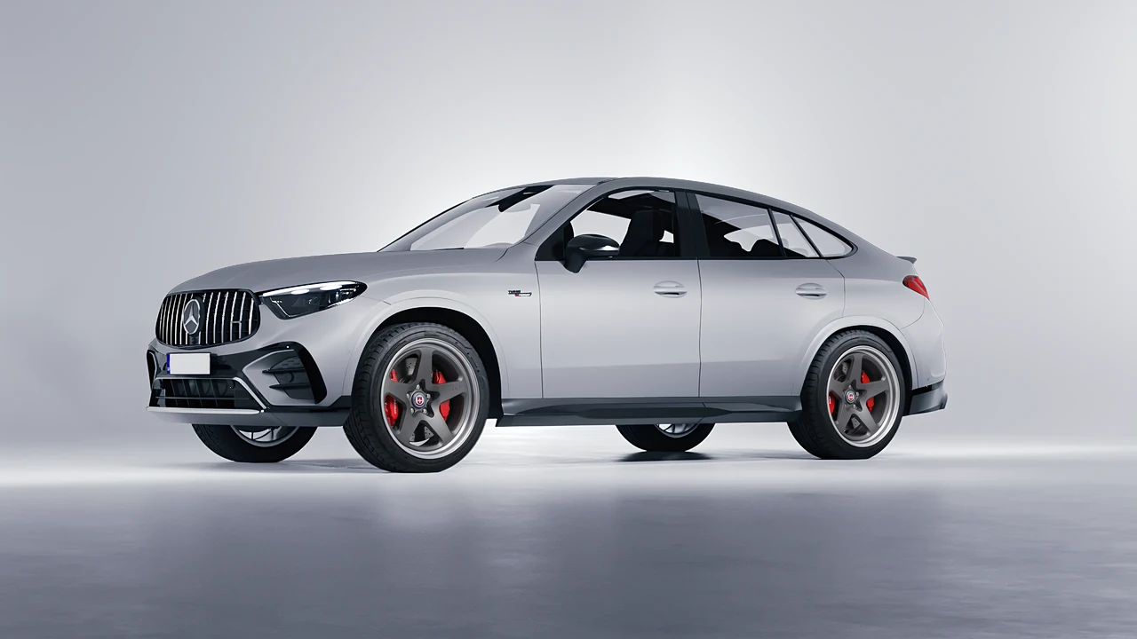 Mercedes-Benz Glc63 S AMG E Performance Coupe 2023 on HRE Performance Wheels 527 forged wheels, front three-quarter view