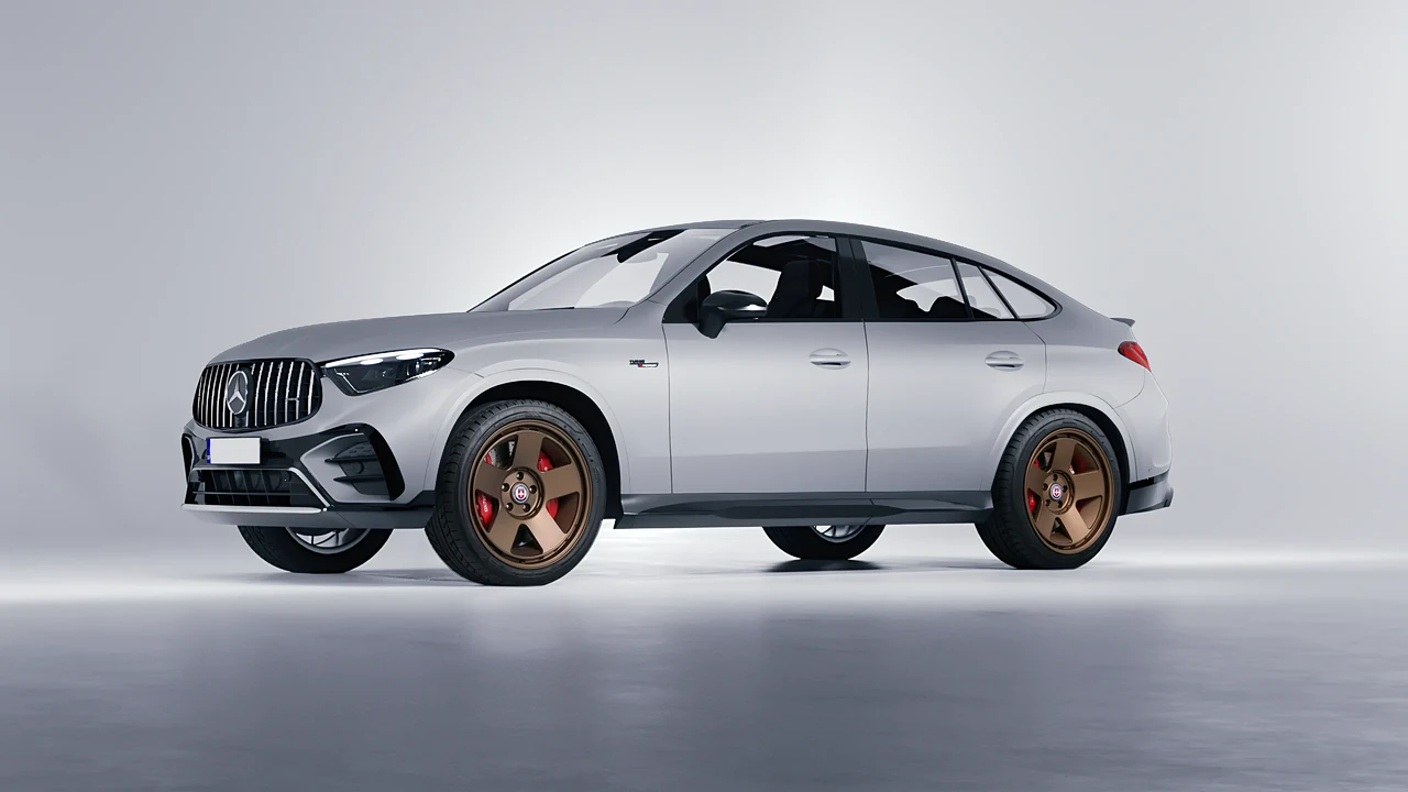 Mercedes-Benz Glc63 S AMG E Performance Coupe 2023 on HRE Performance Wheels 555-GTM forged wheels, front three-quarter view