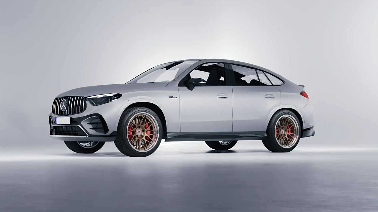 Mercedes-Benz Glc63 S AMG E Performance Coupe 2023 on HRE Performance Wheels C100 forged wheels, front three-quarter view
