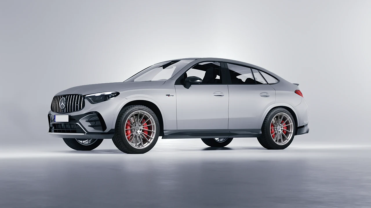 Mercedes-Benz Glc63 S AMG E Performance Coupe 2023 on HRE Performance Wheels P103 forged wheels, front three-quarter view
