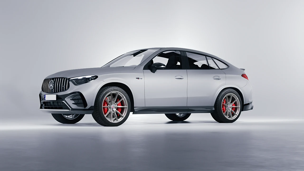 Mercedes-Benz Glc63 S AMG E Performance Coupe 2023 on HRE Performance Wheels P104SC forged wheels, front three-quarter view