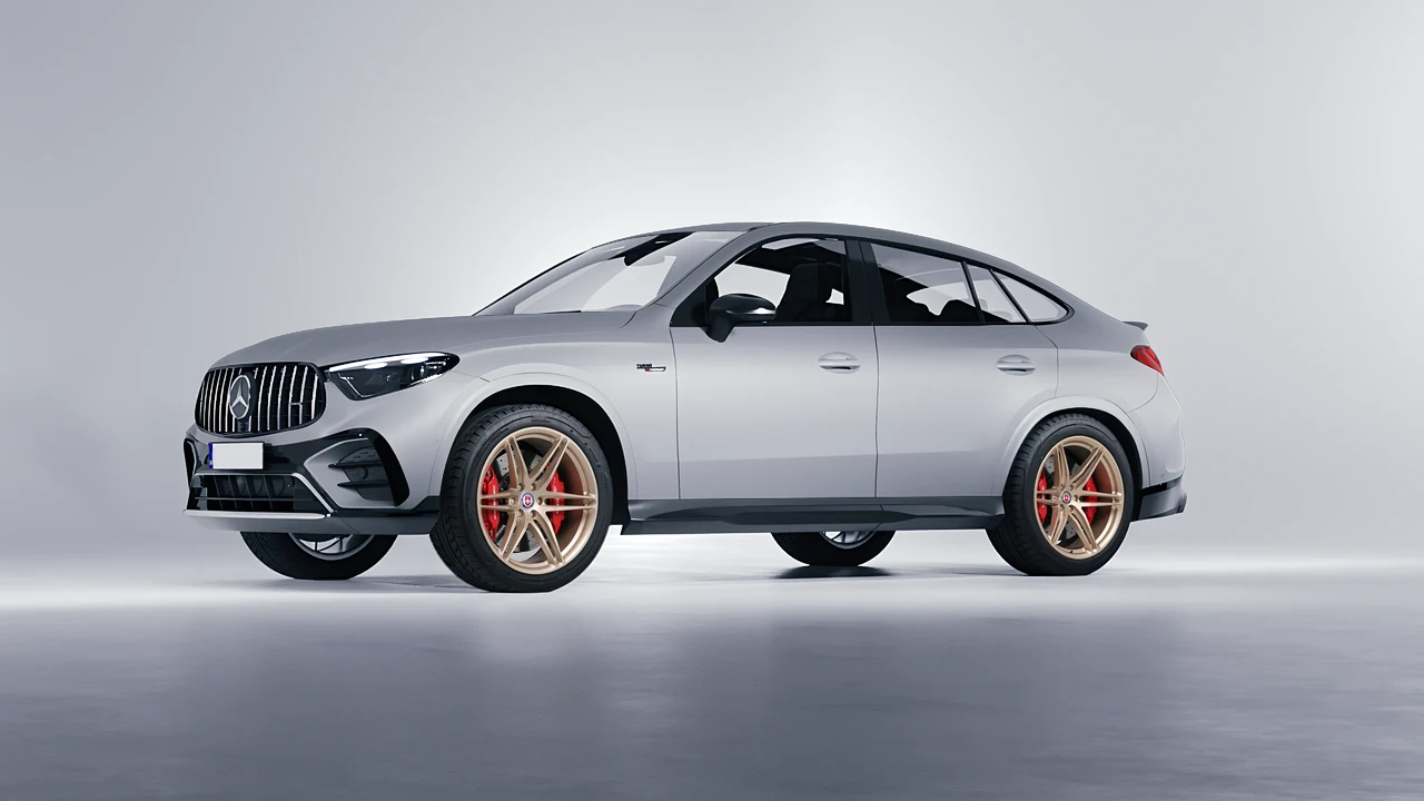 Mercedes-Benz Glc63 S AMG E Performance Coupe 2023 on HRE Performance Wheels P106 forged wheels, front three-quarter view