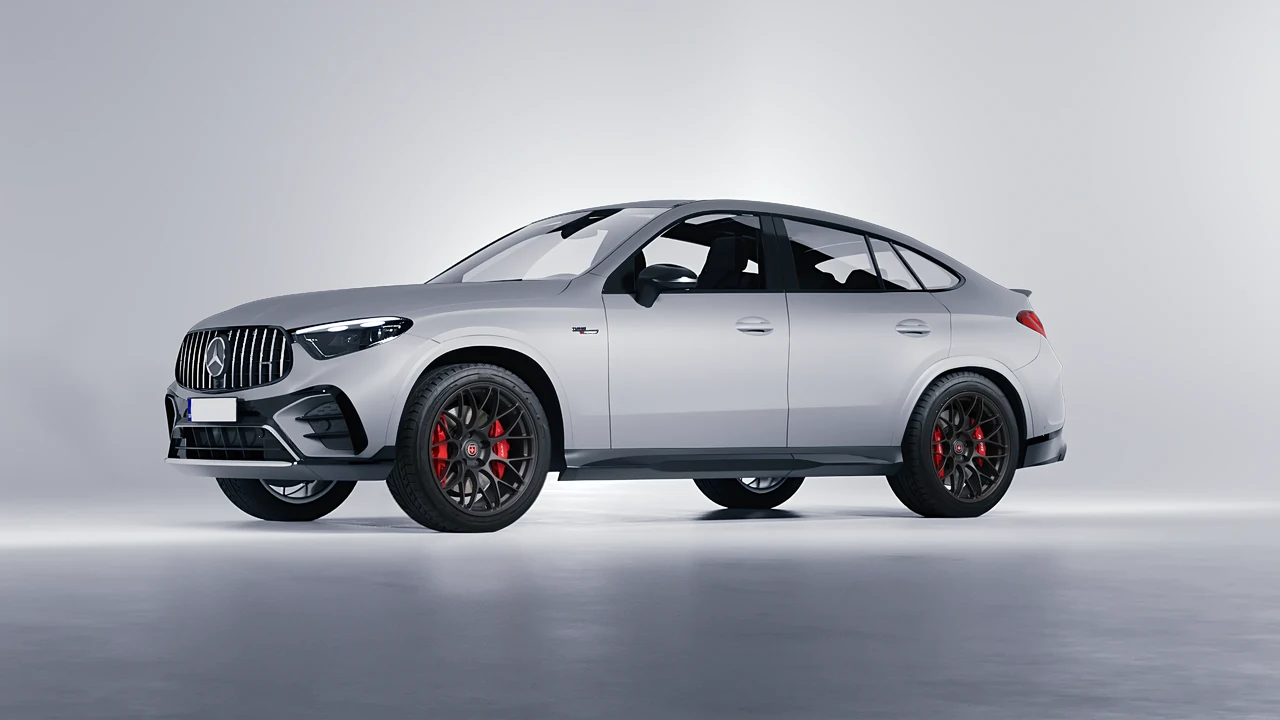 Mercedes-Benz Glc63 S AMG E Performance Coupe 2023 on HRE Performance Wheels RC100 forged wheels, front three-quarter view