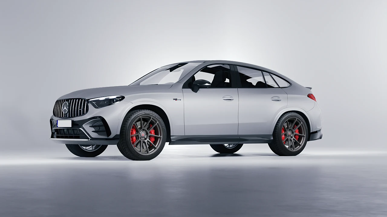 Mercedes-Benz Glc63 S AMG E Performance Coupe 2023 on HRE Performance Wheels RC104 forged wheels, front three-quarter view
