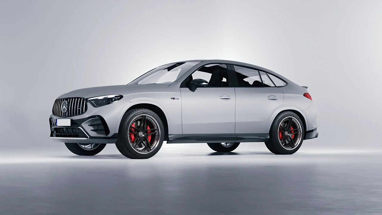 Mercedes-Benz Glc63 S AMG E Performance Coupe 2023 on HRE Performance Wheels S107 forged wheels, front three-quarter view