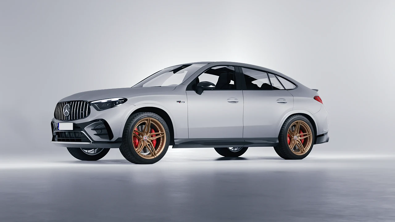 Mercedes-Benz Glc63 S AMG E Performance Coupe 2023 on HRE Performance Wheels S107SC forged wheels, front three-quarter view