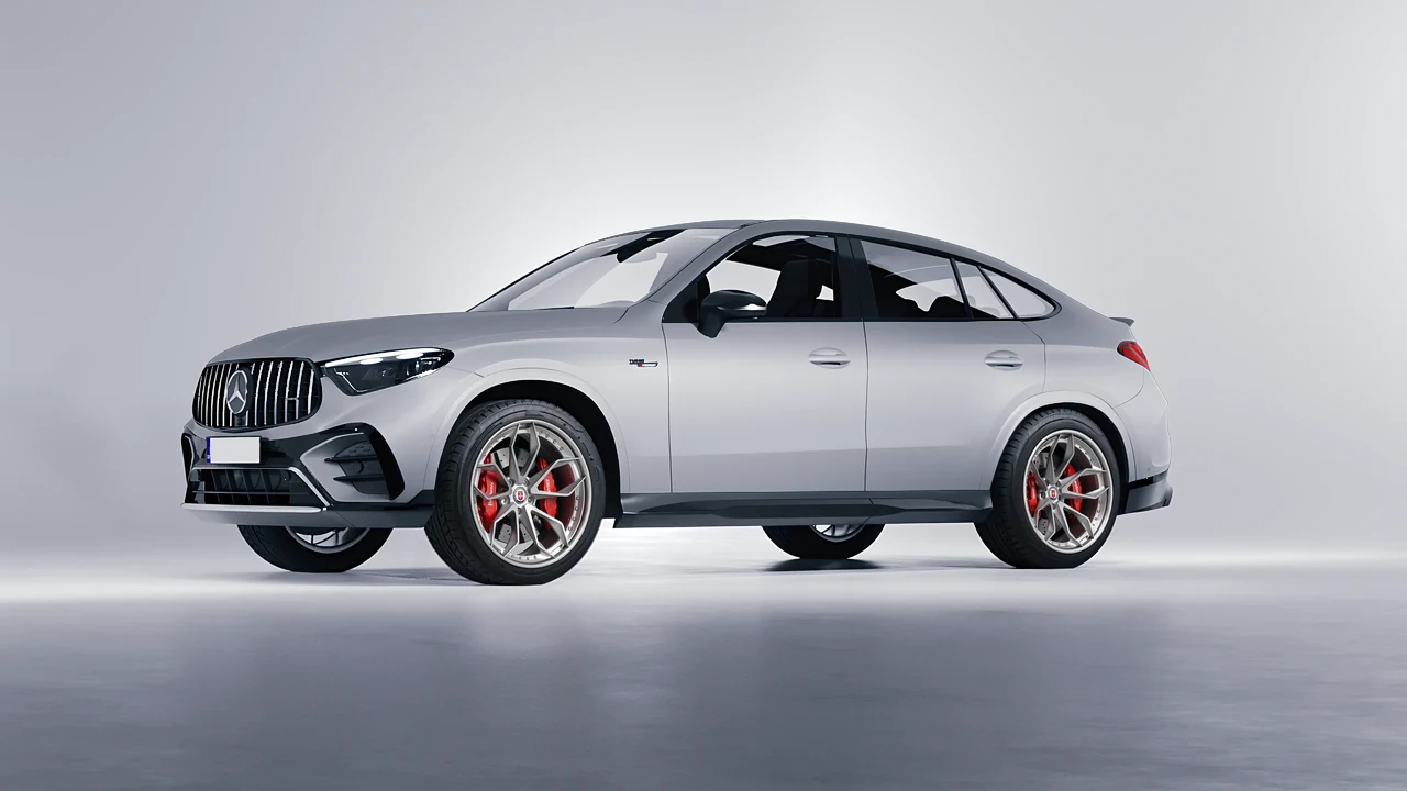 Mercedes-Benz Glc63 S AMG E Performance Coupe 2023 on HRE Performance Wheels S201 forged wheels, front three-quarter view