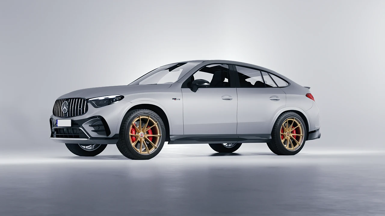 Mercedes-Benz Glc63 S AMG E Performance Coupe 2023 on HRE Performance Wheels S204H forged wheels, front three-quarter view