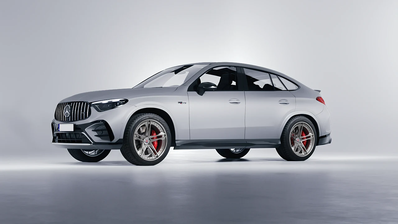 Mercedes-Benz Glc63 S AMG E Performance Coupe 2023 on HRE Performance Wheels S207 forged wheels, front three-quarter view